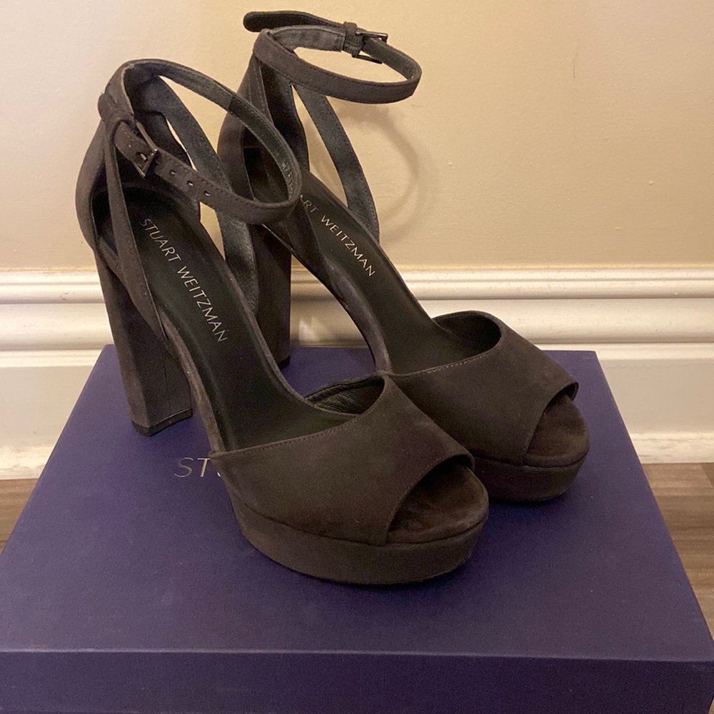 Stuart Weitzman Hijinx Slate Suede Block Heels Si… - image 1